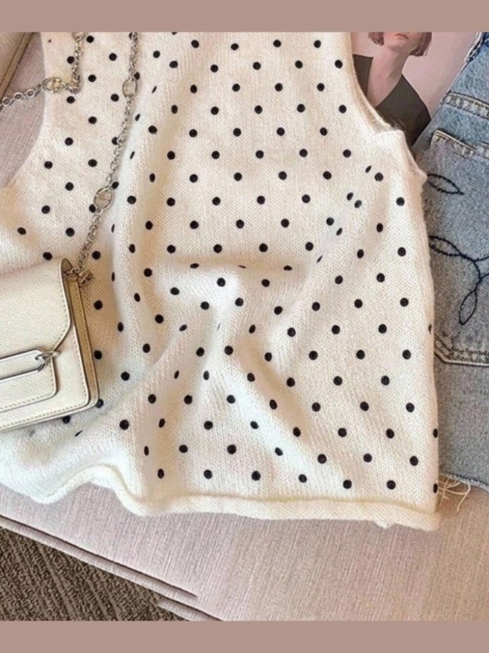 Cream Polka Dot Knit Sweater Tank Top